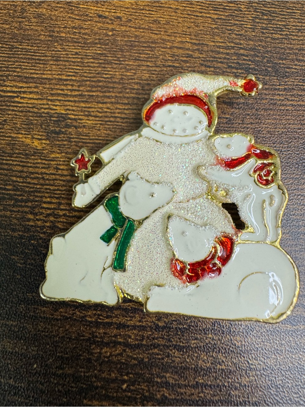 💚4/$20 Vintage Enamel Snowman & Polar Bears Brooch - White with Red & Green
